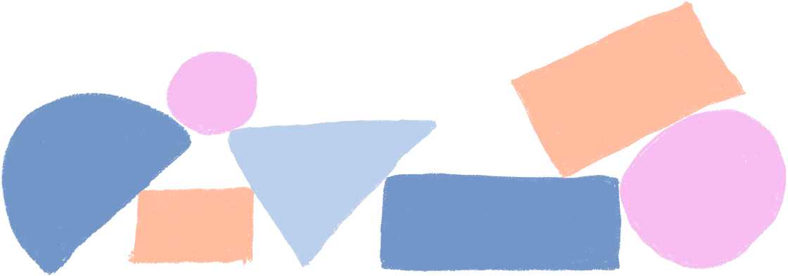 Eine Illustration von ein paar handgezeichneten Kreisen, Rechtecken und einem Dreieck in verschiedenen Farben, die aneinander gereiht sind